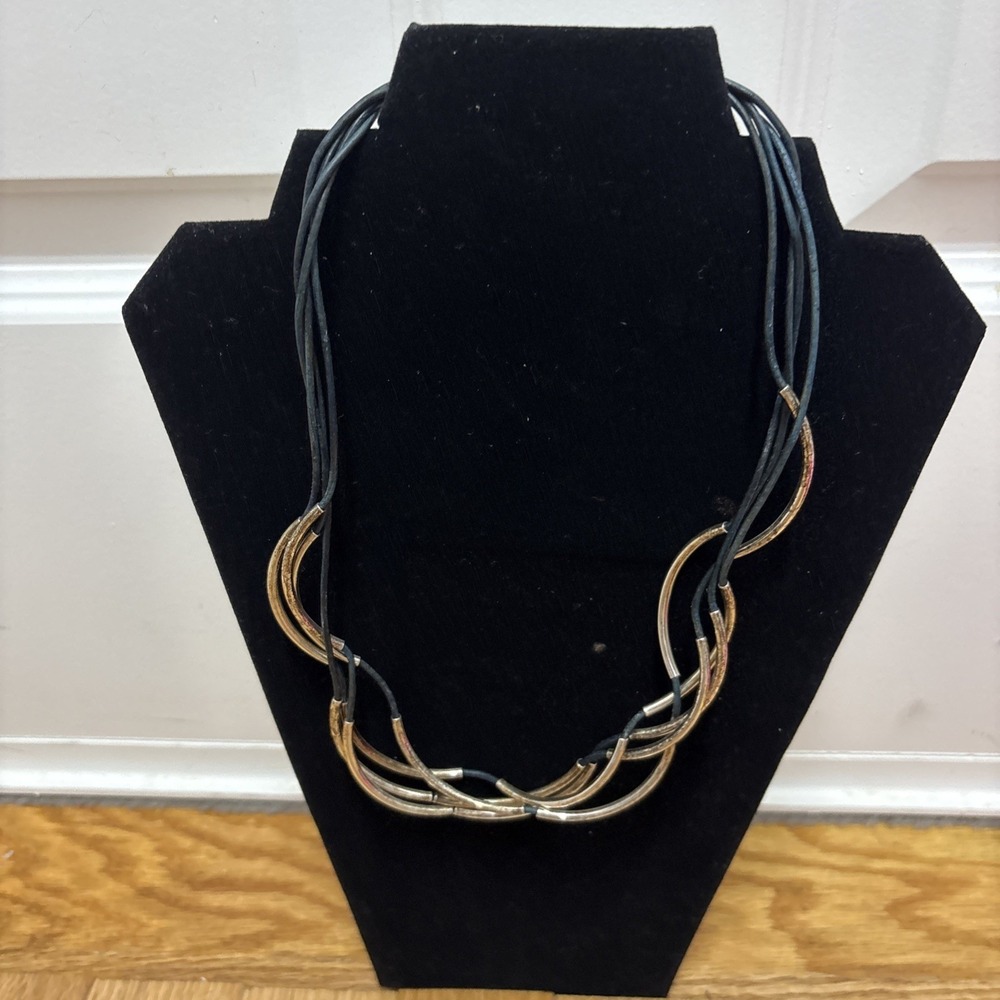 Lizzy James Silver Necklace Curved Abstract Pieces Black Leather Cord 22 Inches